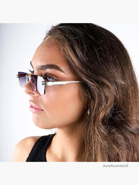 Rimless Gold Frame Rectangle Sunglasses UV Protection Polarized Gradient Shades